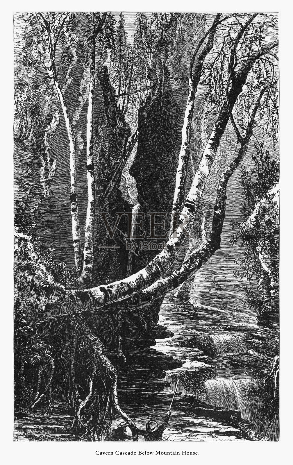 美国纽约沃特金斯峡谷山屋下的洞穴瀑布，美国维多利亚版画，1872年插画图片素材