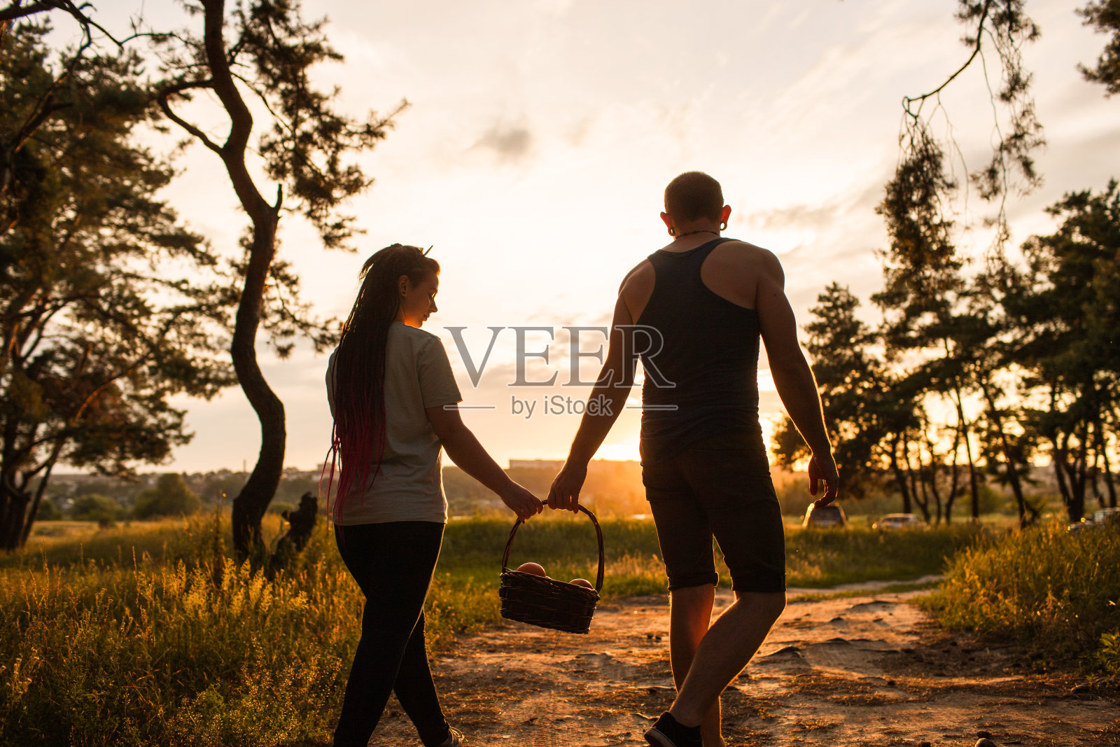 情侣散步非正式草地野餐爱的概念。照片摄影图片