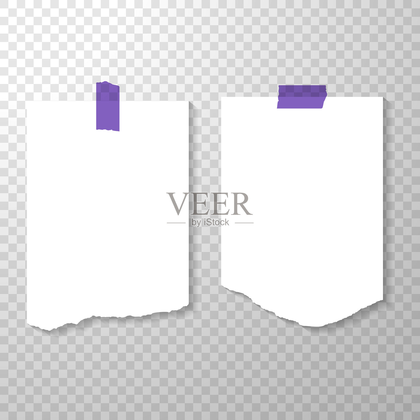 空白撕下页与紫色贴纸。撕成碎片的纸。在透明背景上隔离干净或空白页插画图片素材