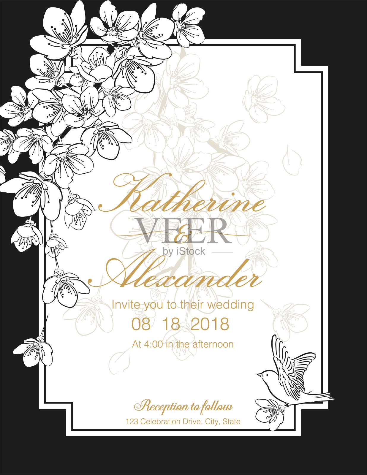 手绘樱花婚礼邀请模板设计模板素材