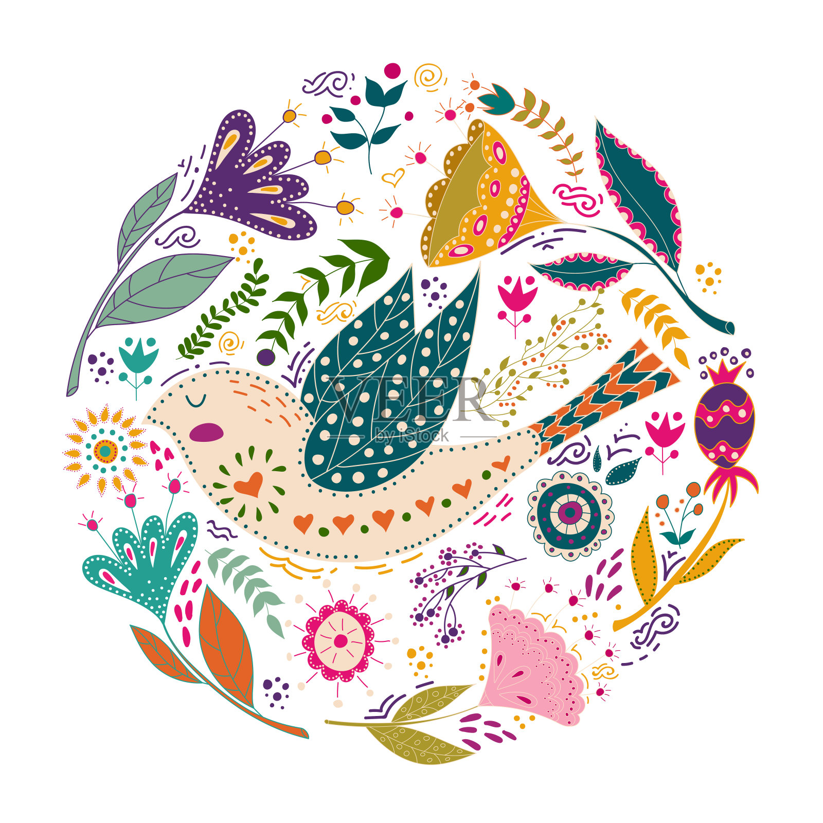 艺术集矢量彩色插图与美丽的鸟和花。艺术海报装饰您的室内和使用在您的独特设计。北欧风格。民间艺术。插画图片素材