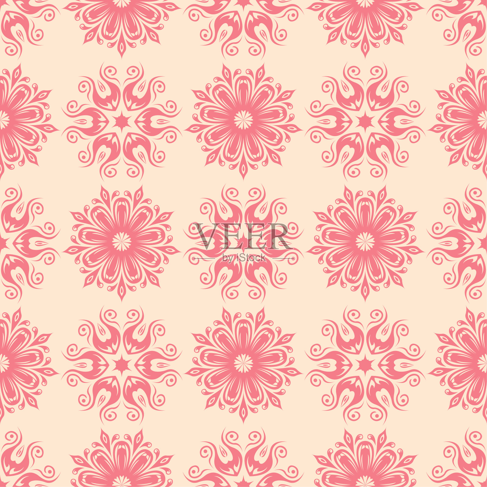 红色花无缝图案，米色背景插画图片素材