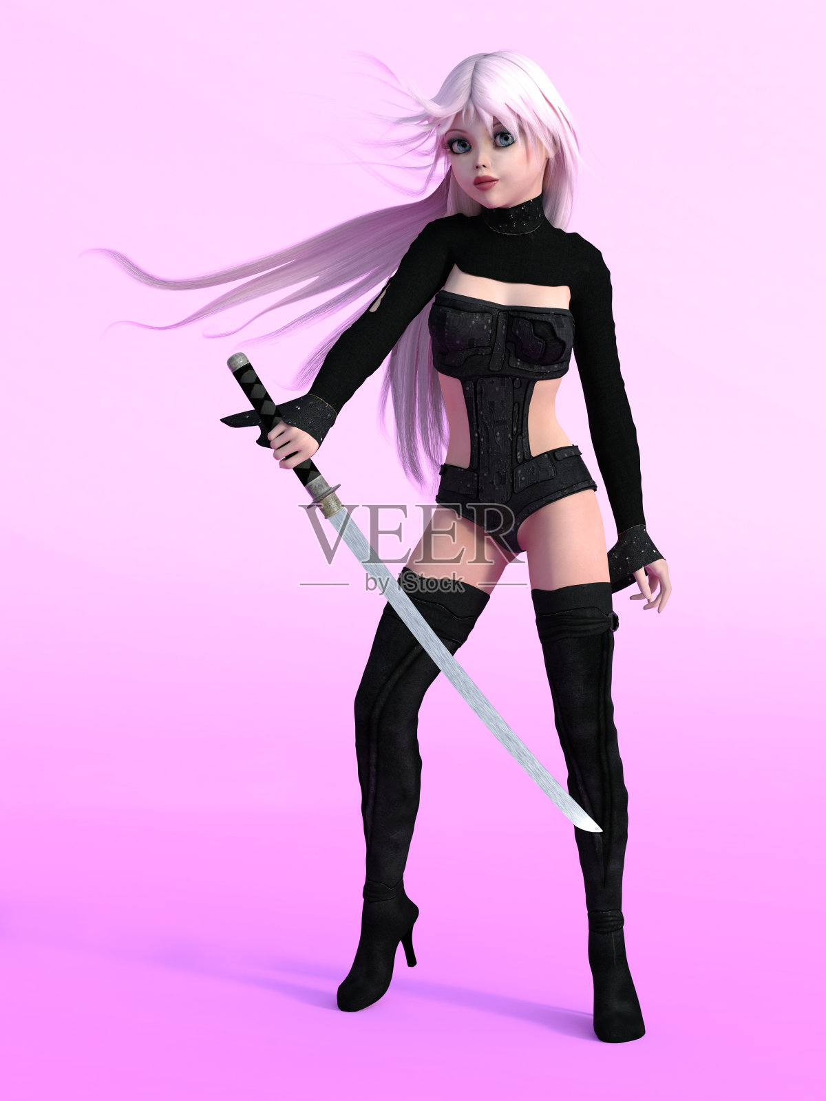 年轻可爱的漫画女孩摆姿势与武士刀。照片摄影图片