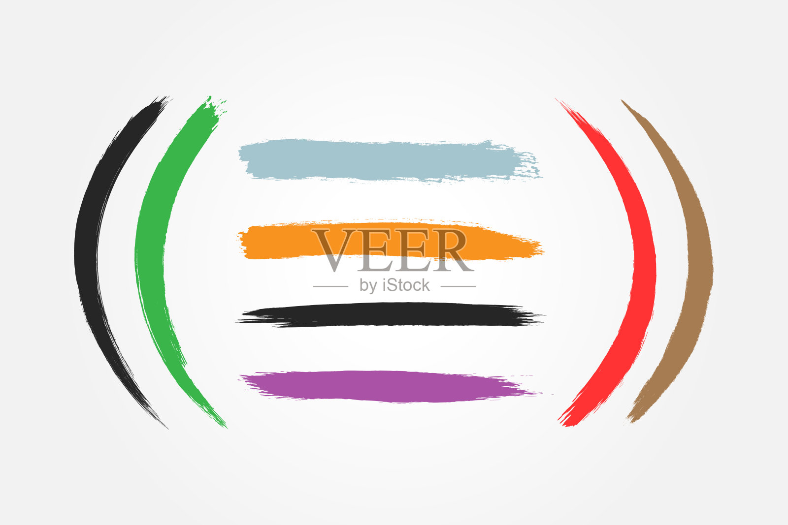 画笔描边颜色。水彩、素描、垃圾、涂鸦、颜料。黑色，绿色，蓝色，橙色，紫色，红色，棕色笔触。插画图片素材