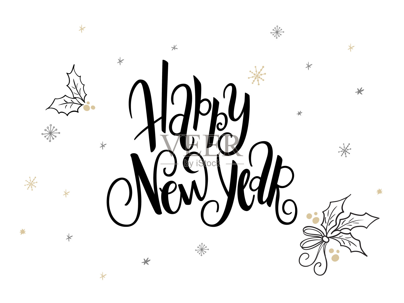 矢量手写新2018年标签-快乐砍伐年-冬青树叶和雪花插画图片素材