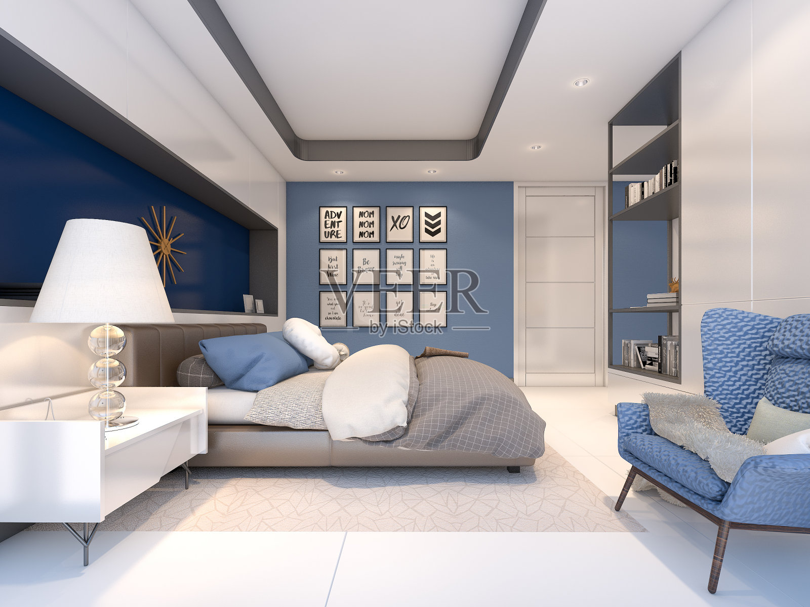 白色和蓝色的卧室风格，3d渲染照片摄影图片