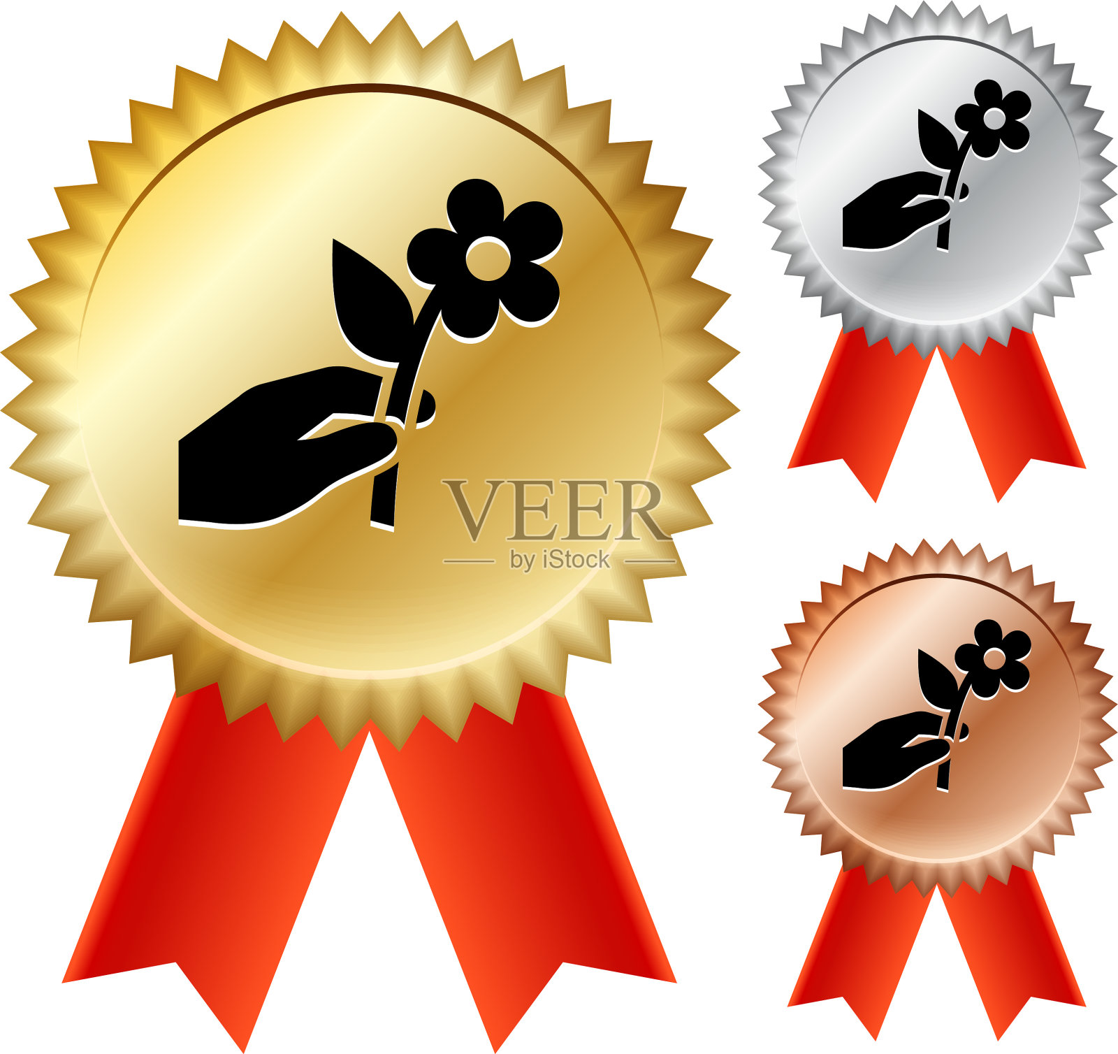 手捧鲜花金牌奖章缎带插画图片素材