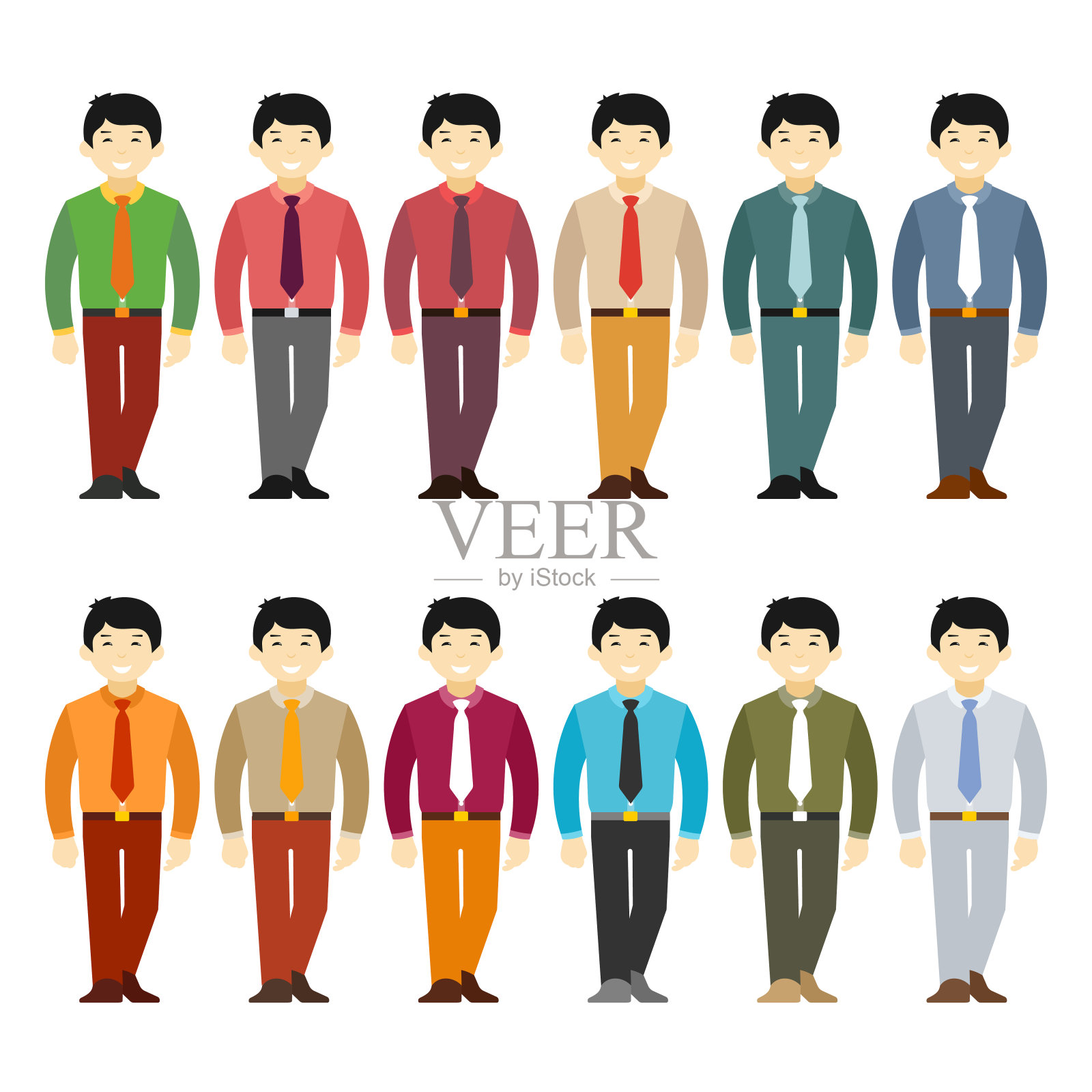 矢量亚洲办公室或商人人物设置在卡通扁平风格插画图片素材