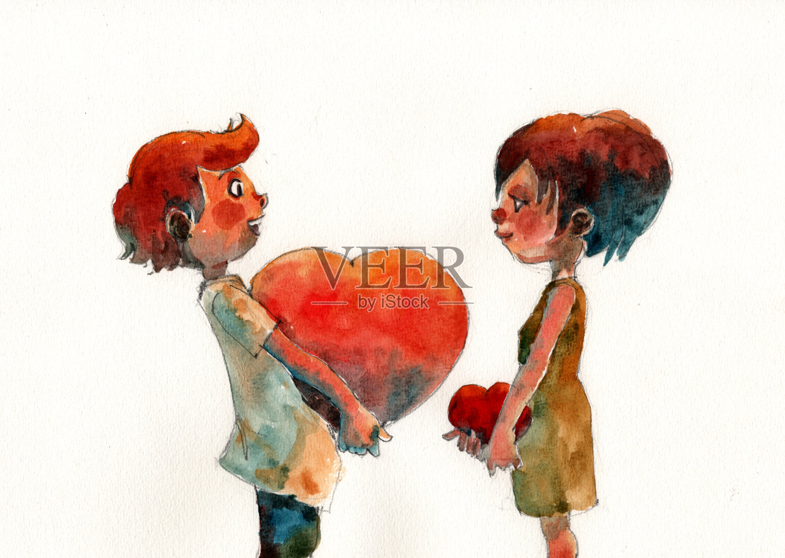 一个男孩和一个女孩抱着一个心形枕头的插图插画图片素材