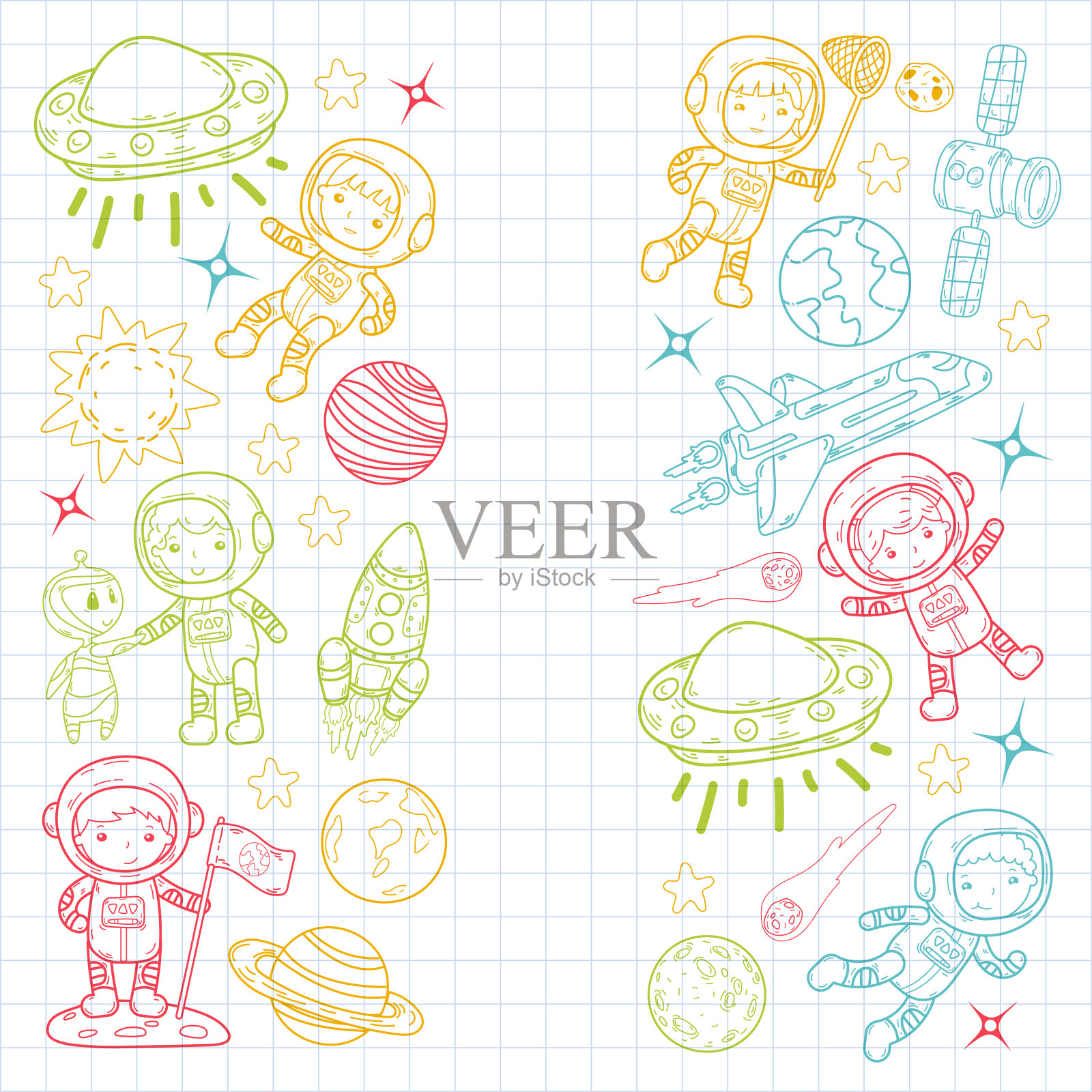 太空幼儿园，学校天文课儿童，涂鸦儿童插画Ufo，外星人，月球表面，地球，木星，土星，火星矢量图标插画图片素材