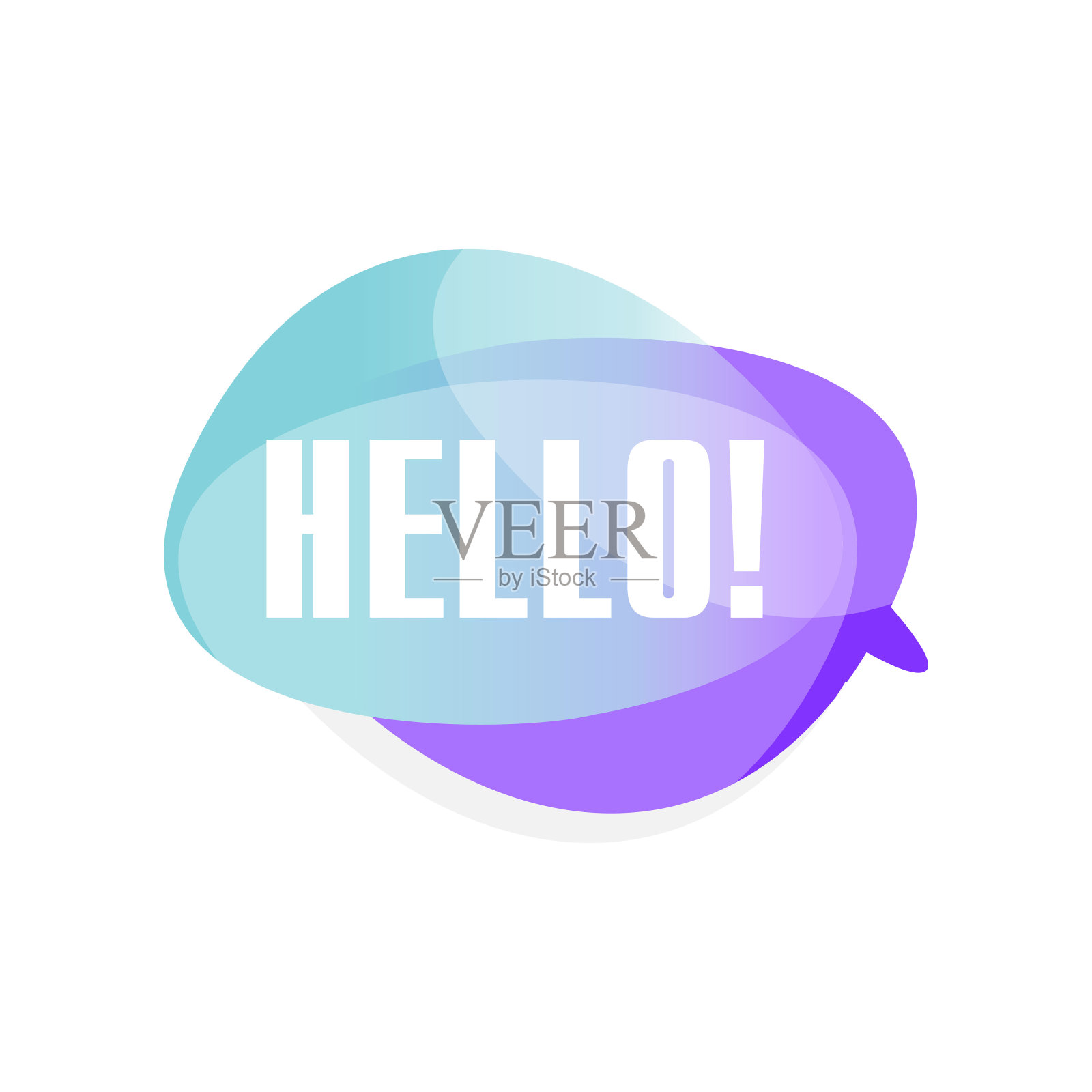 彩色透明语音气泡与文本Hello。蓝色和紫色的云带着问候短信。矢量设计的聊天，移动应用程序或messenger贴纸设计模板素材