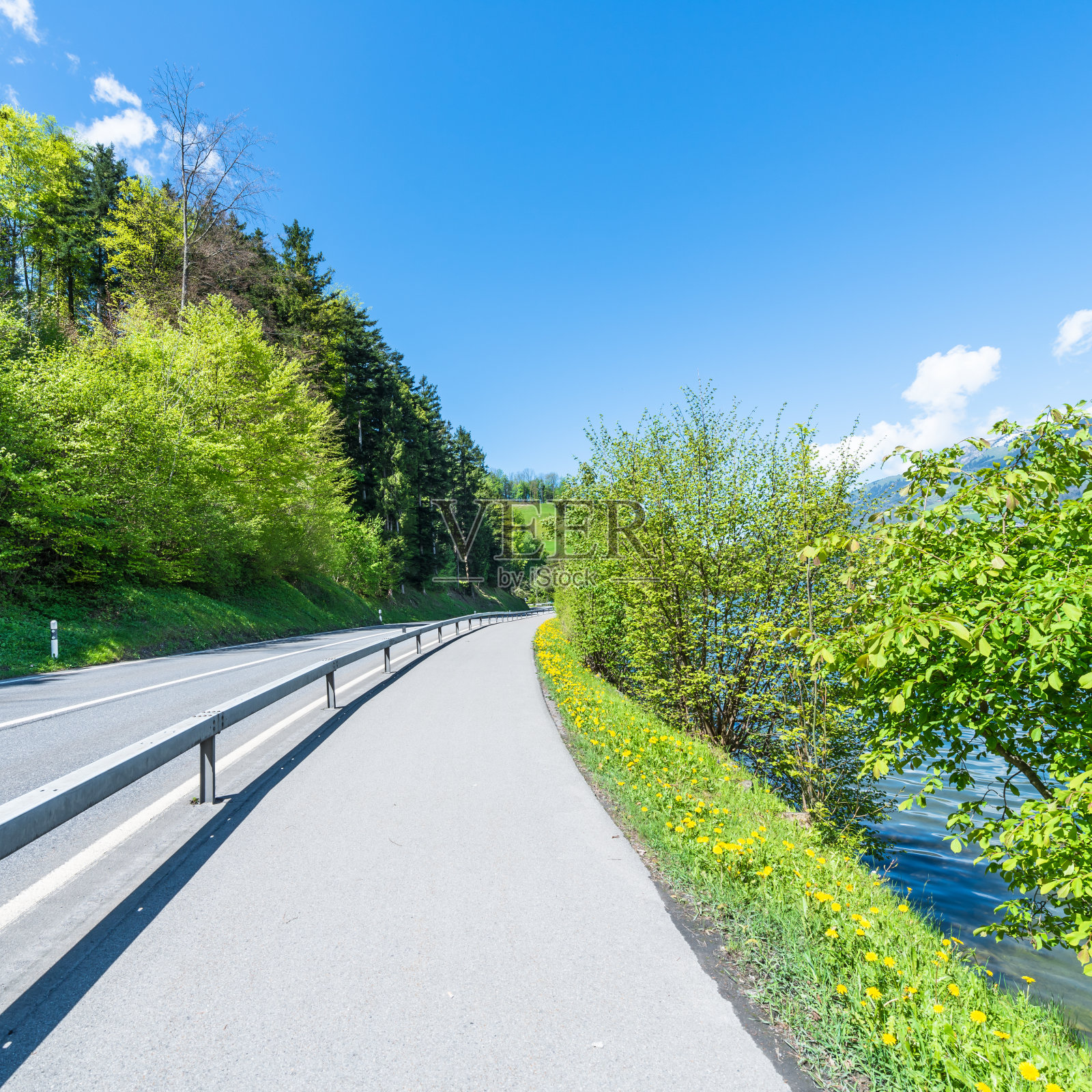 沿湖的路。瑞士,Lauerz湖。照片摄影图片
