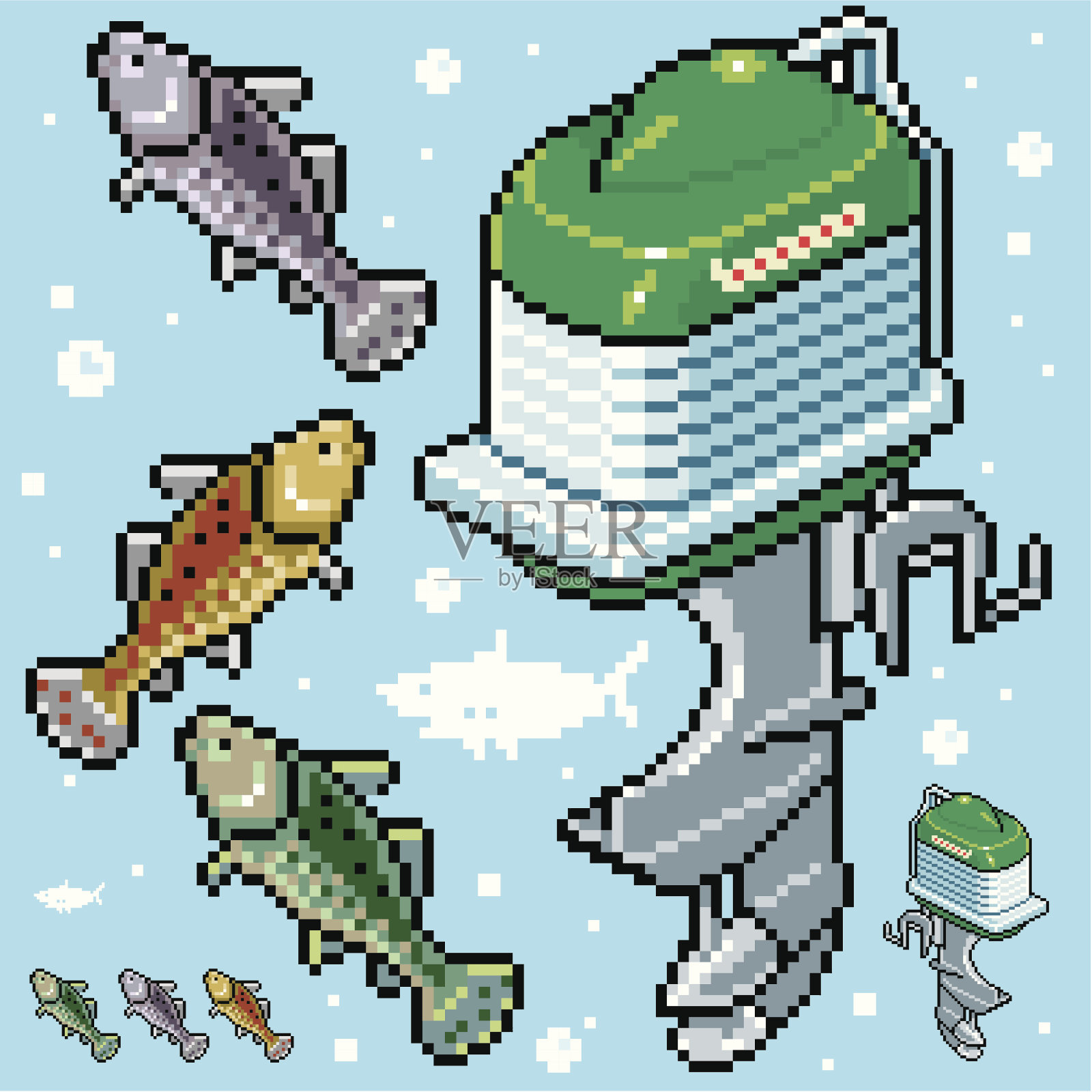 舷外像素钓鱼。插画图片素材