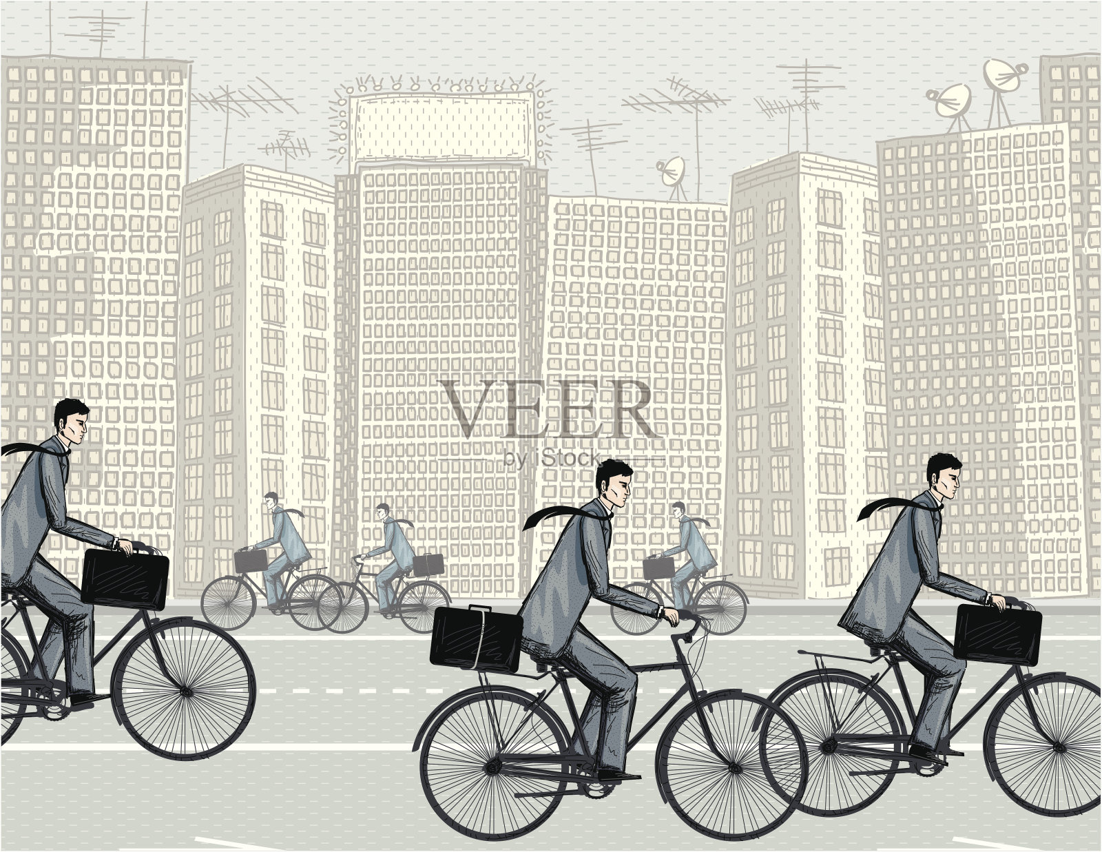 在大城市里骑自行车上班的商人插画图片素材