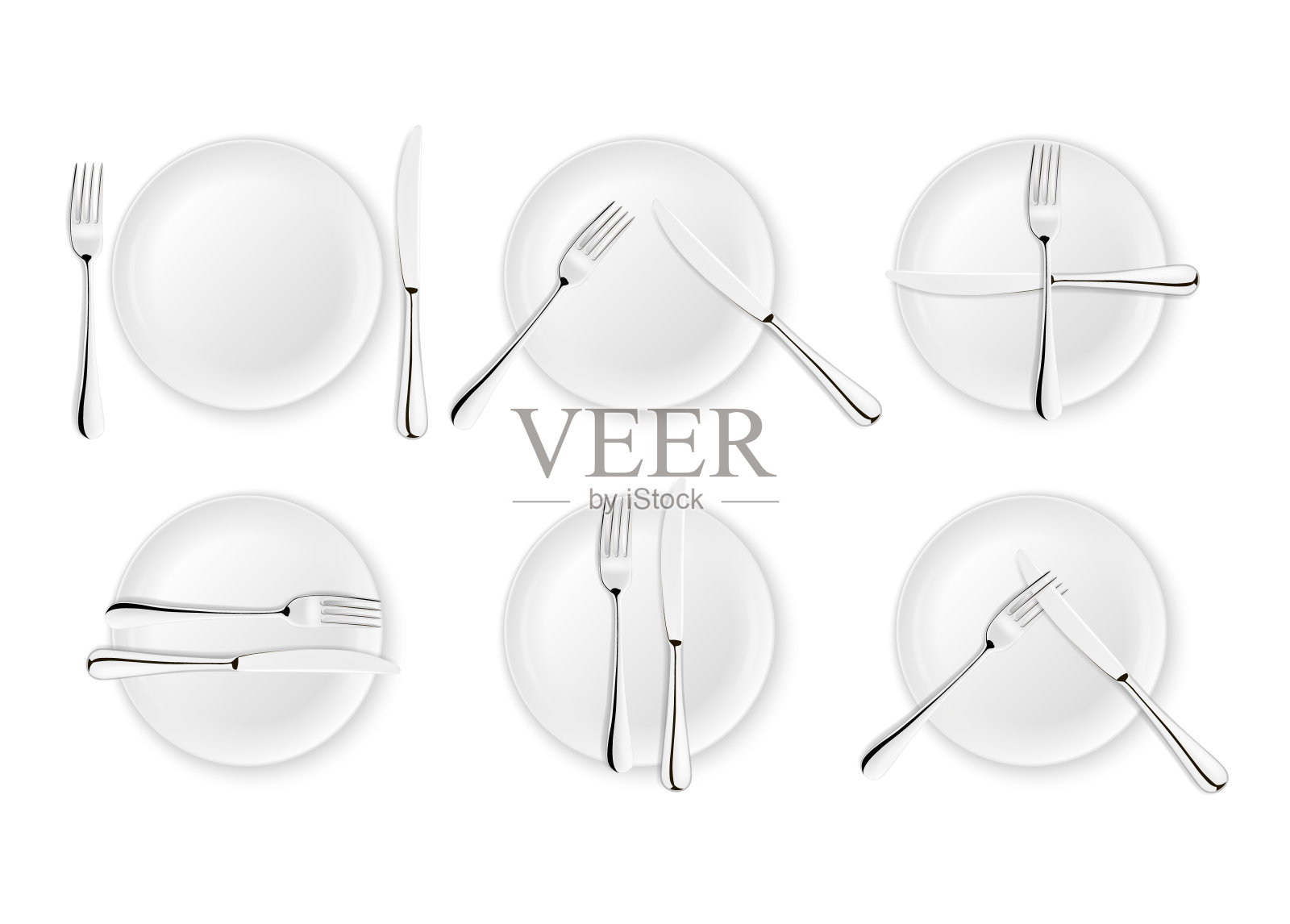 现实的餐具和餐桌礼仪的标志，矢量图标孤立在白色的背景。叉，刀和盘子套装。设计模板，餐具模型。俯视图插画图片素材