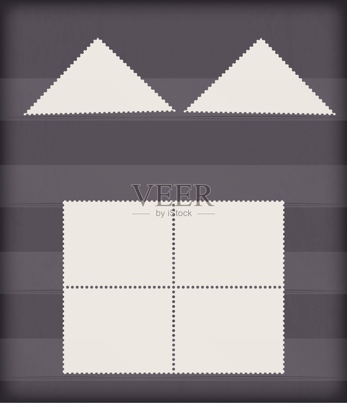 矢量逼真的干净邮票不同的形状和不同的穿孔。三角和terrablock。在相册页上的透明口袋里插画图片素材