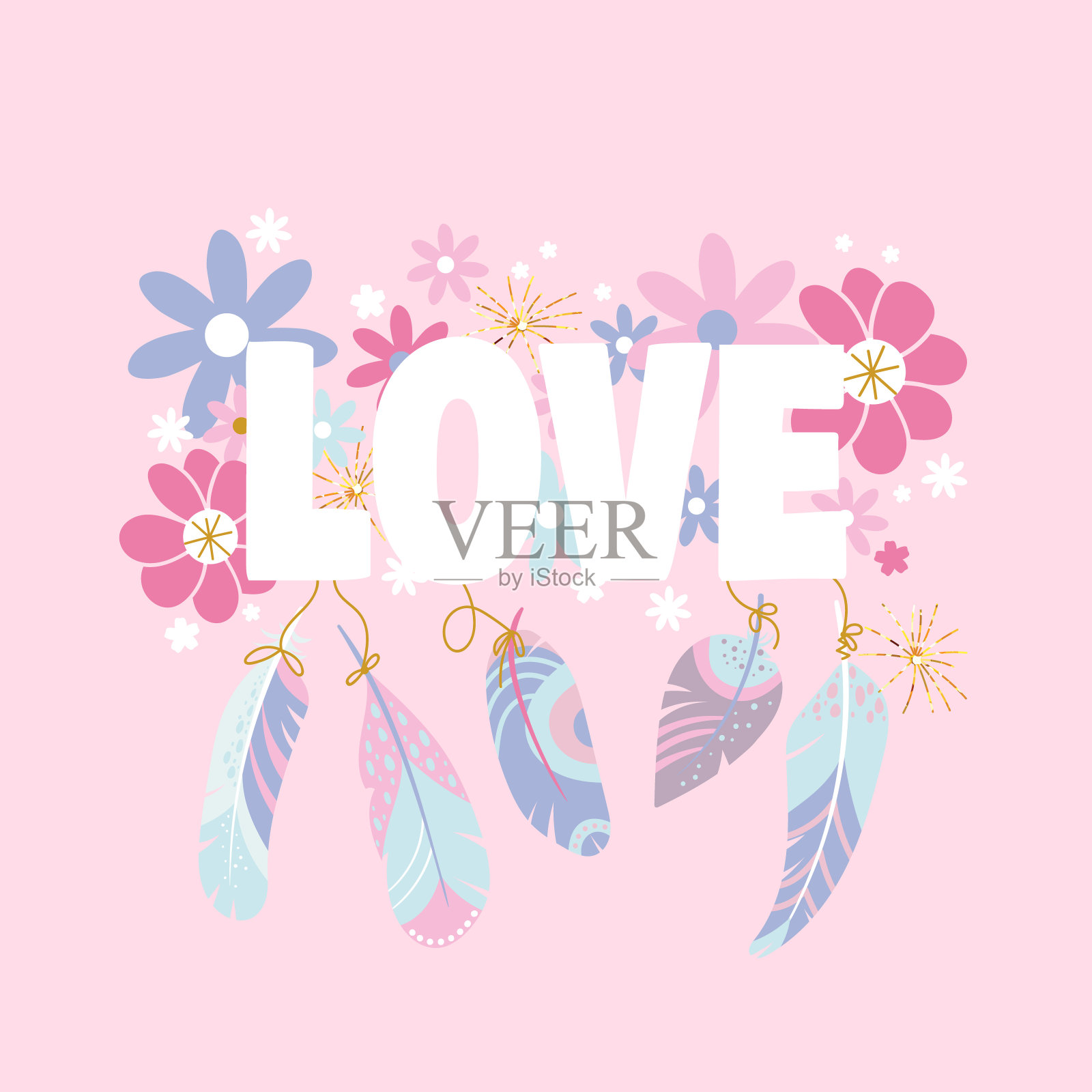 文字-爱与羽毛和花朵插画图片素材