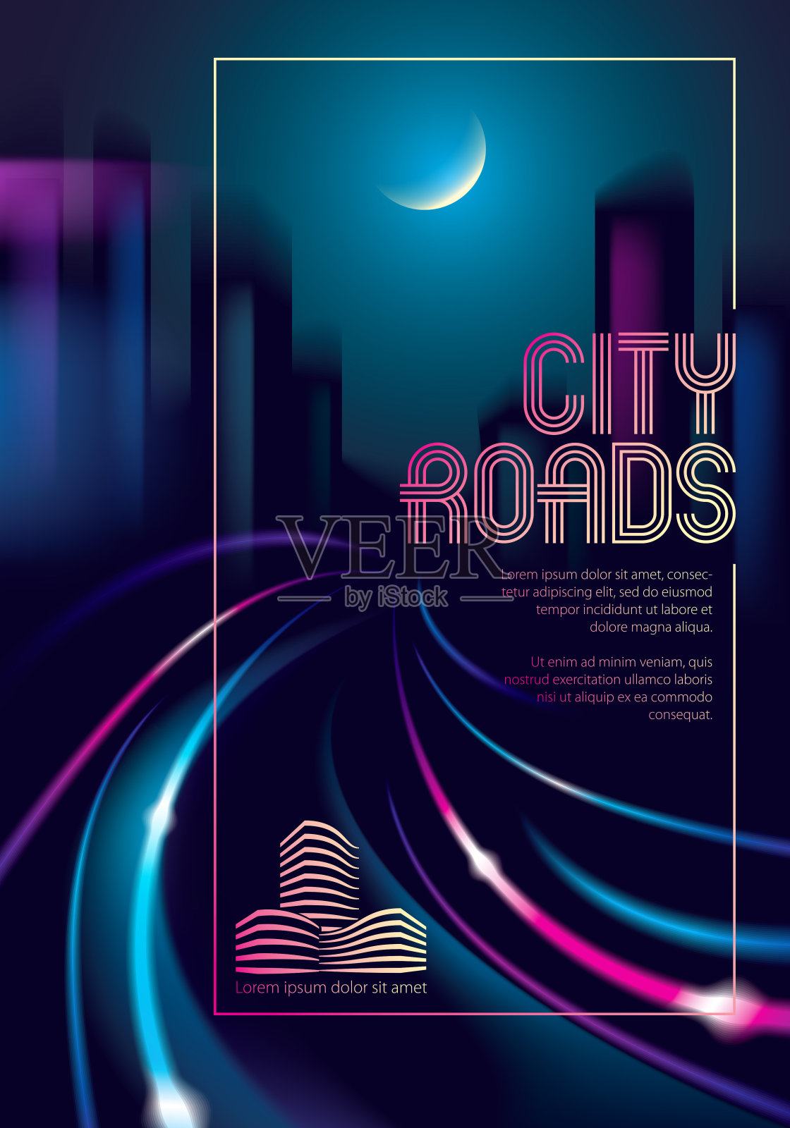 夜间大城市高速公路上的轻轨车辆。效果矢量美丽的背景。模糊多彩的黑暗背景与城市景观，建筑轮廓天际线。宣传册，传单，封面，海报或指南的模板。设计模板素材