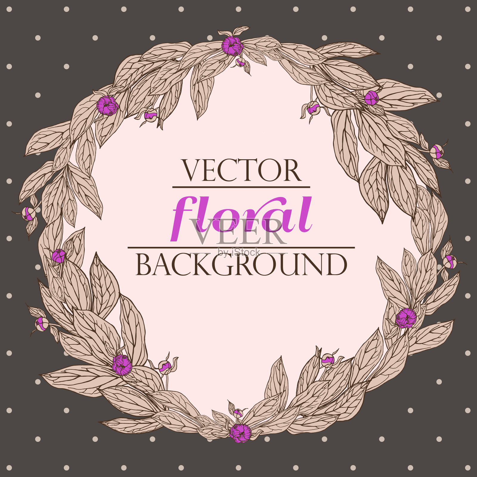 矢量花环与叶子和牡丹芽。复古碎花背景。花卉元素的设计邀请，贺卡，婚礼贺卡。插画图片素材