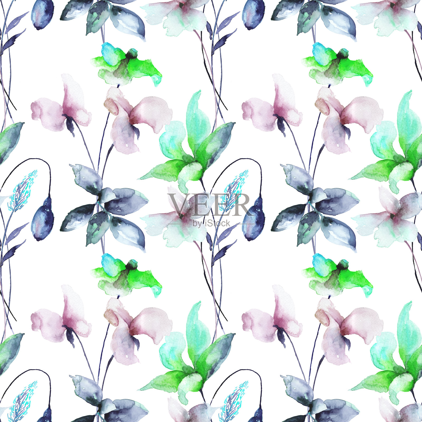 无缝图案与程式化的花插画图片素材