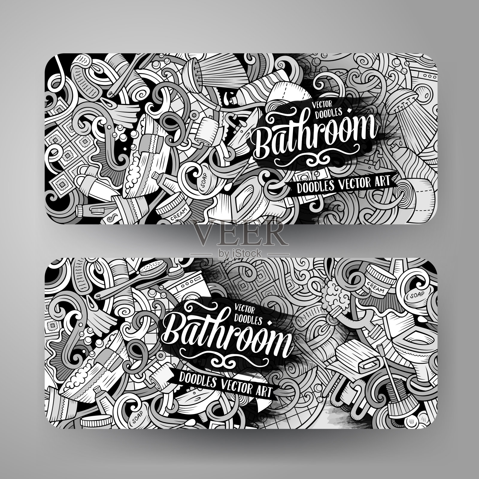 卡通矢量涂鸦浴室垂直横幅设计模板素材