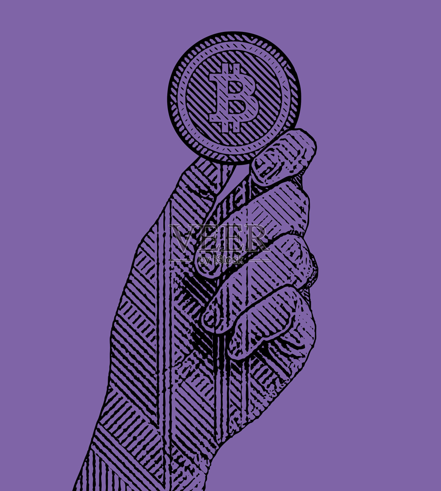 手持比特币的紫外线雕刻插图插画图片素材