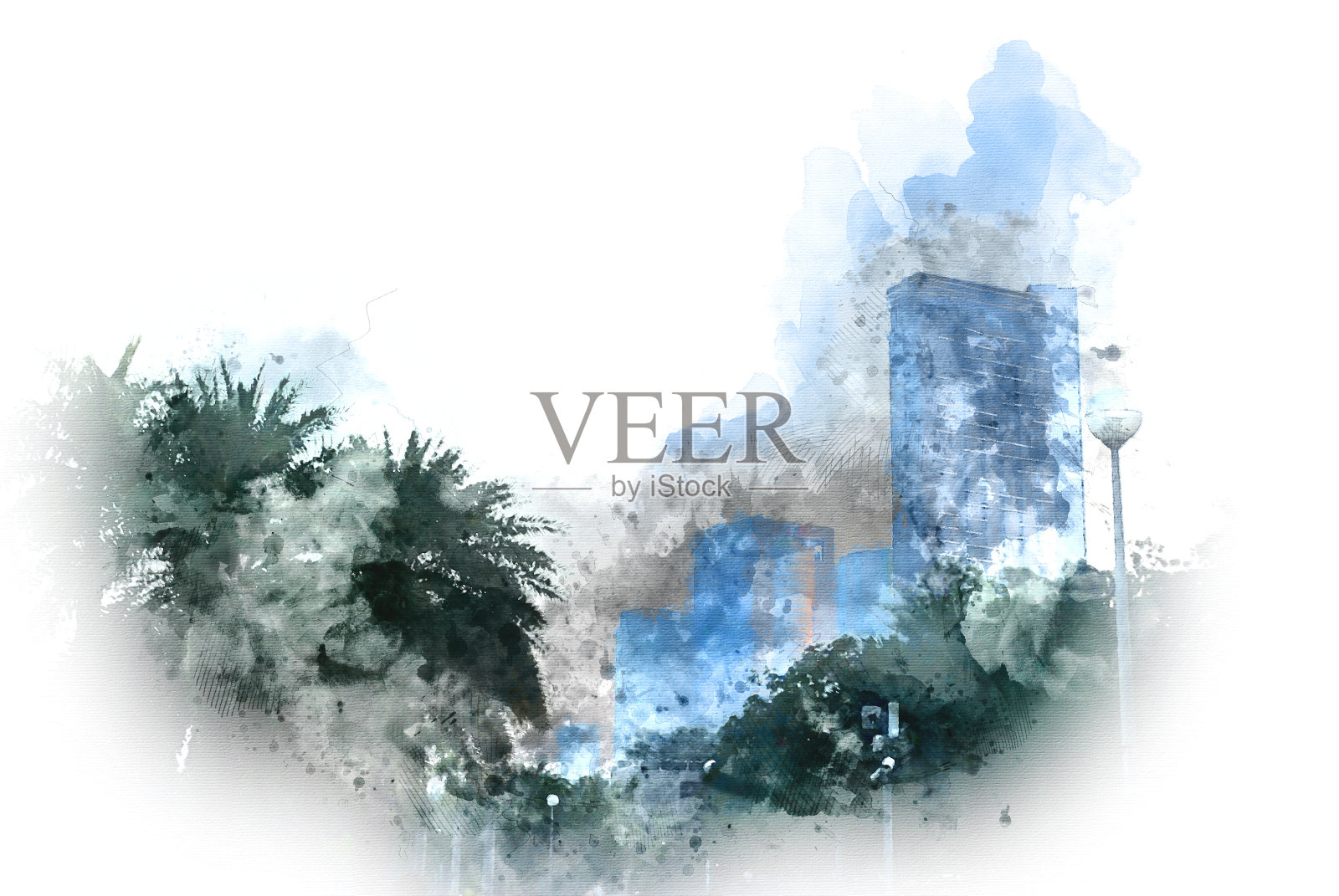 水彩画背景中的建筑和树木前景。城市上的数字插画刷艺术。插画图片素材