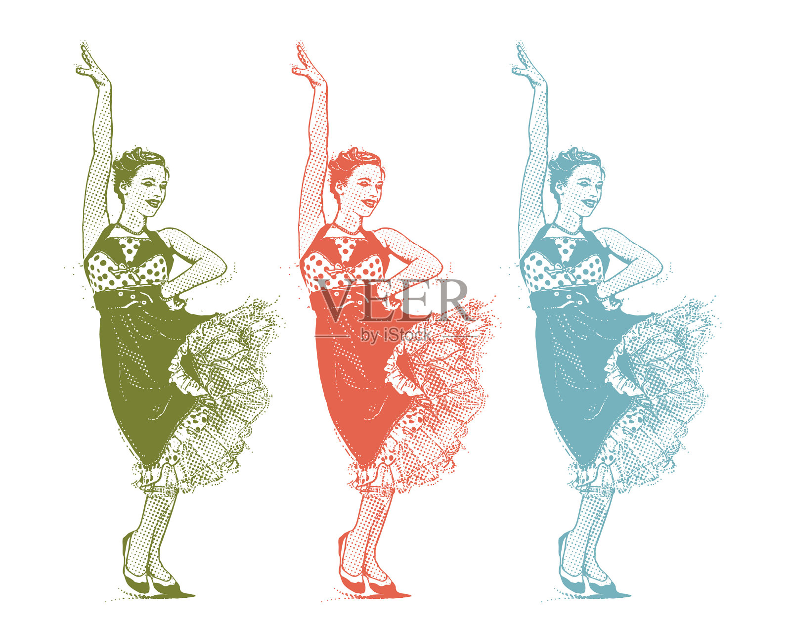 充满激情地跳舞的20世纪50年代的年轻时髦女性插画图片素材