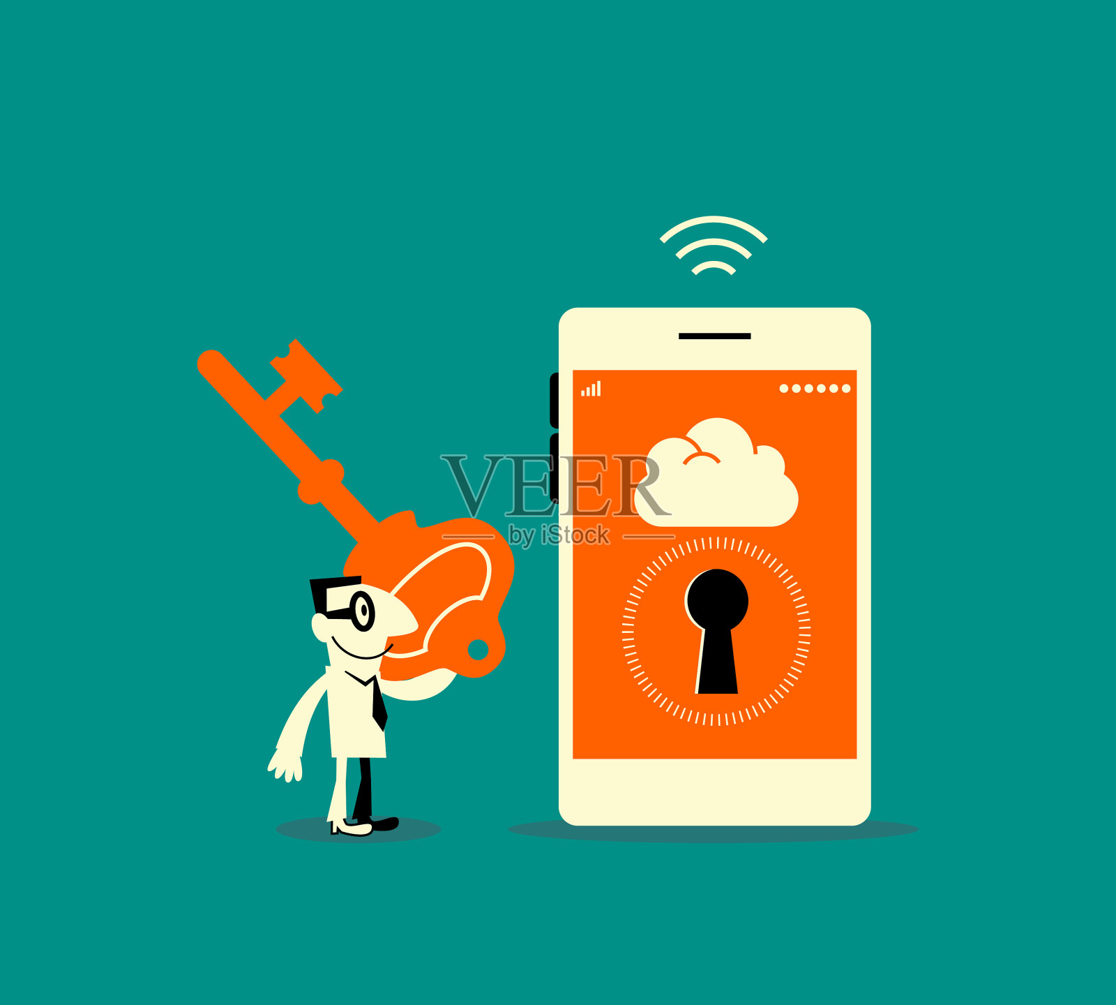 微笑的商人拿着一个大的隐私钥匙，站在一个有钥匙孔的智能手机(手机)前插画图片素材