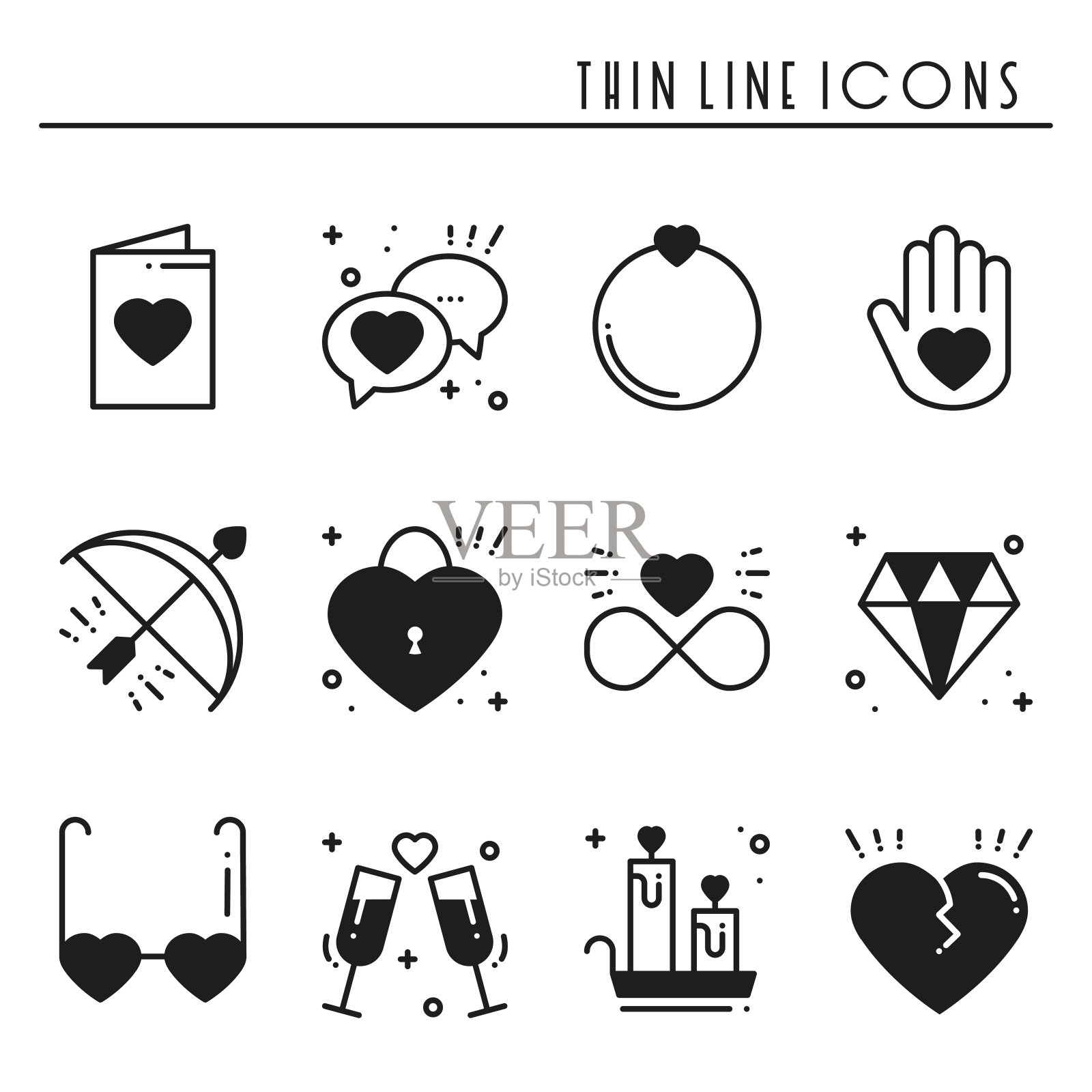 爱线图标集。情人节快乐剪影的标志和符号。爱情，情侣，关系，约会，婚礼，假期，浪漫的爱情主题。心,礼物。图标素材