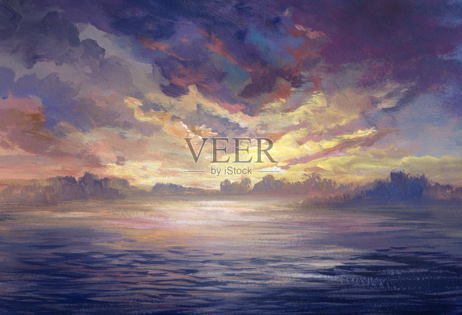 夕阳临水，丙烯画插画图片素材