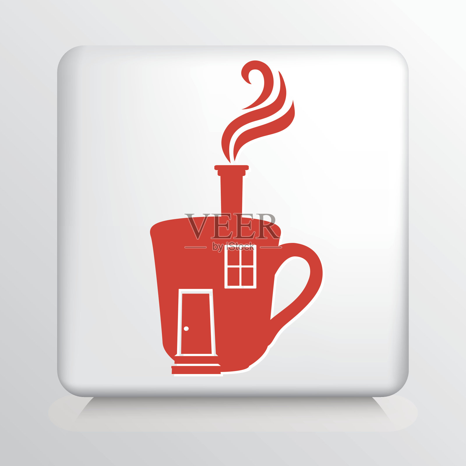 方形图标与红蒸咖啡屋剪影插画图片素材