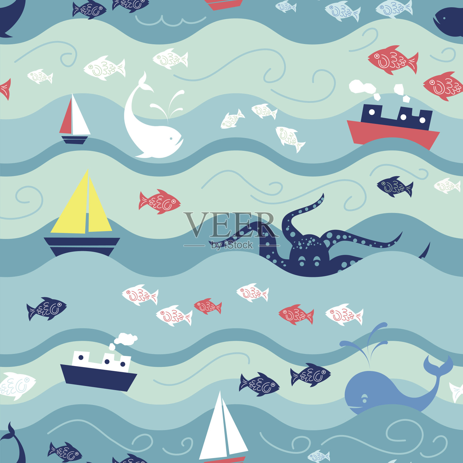 儿童海洋生命无缝重复模式插画图片素材