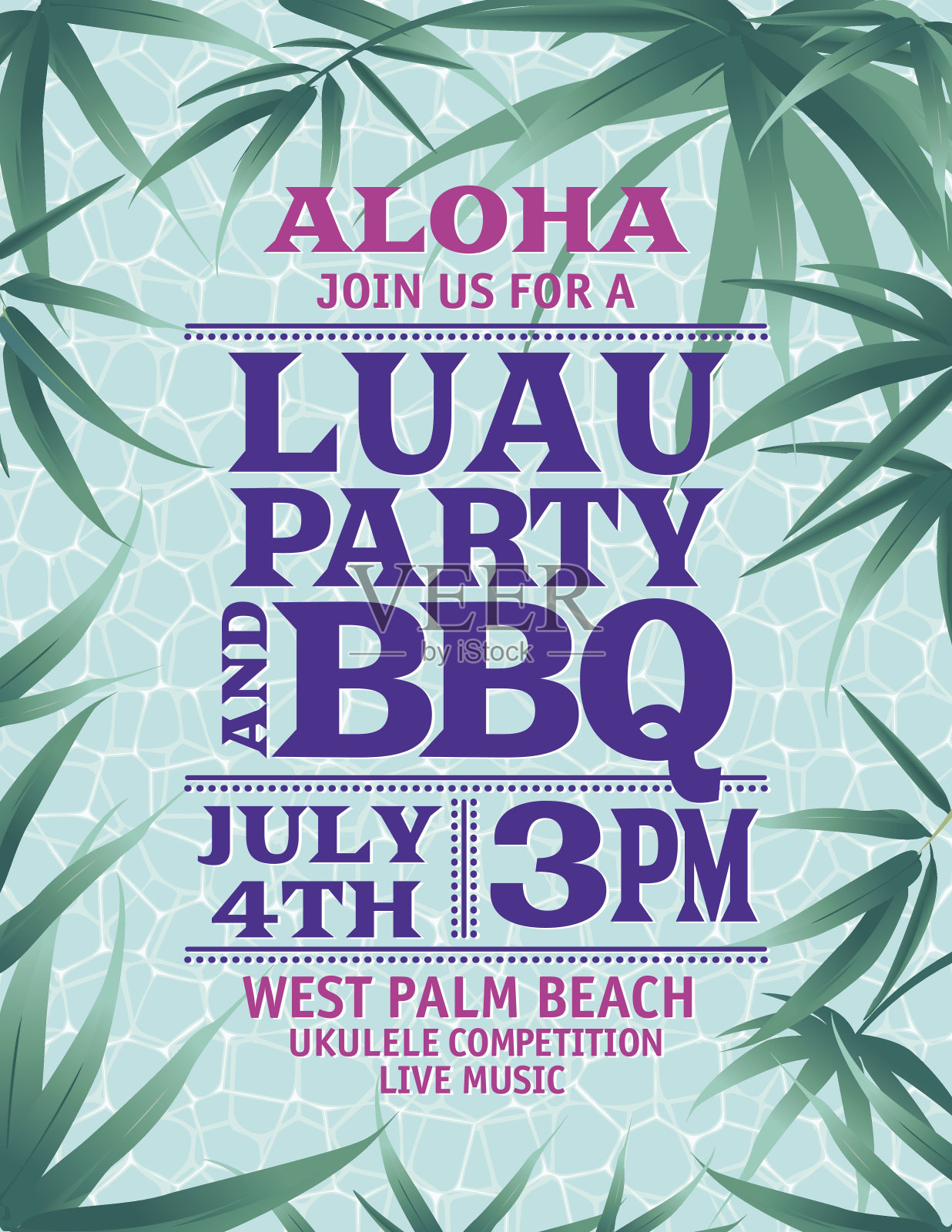 夏威夷派对邀请与树叶和蓝色的水设计模板素材