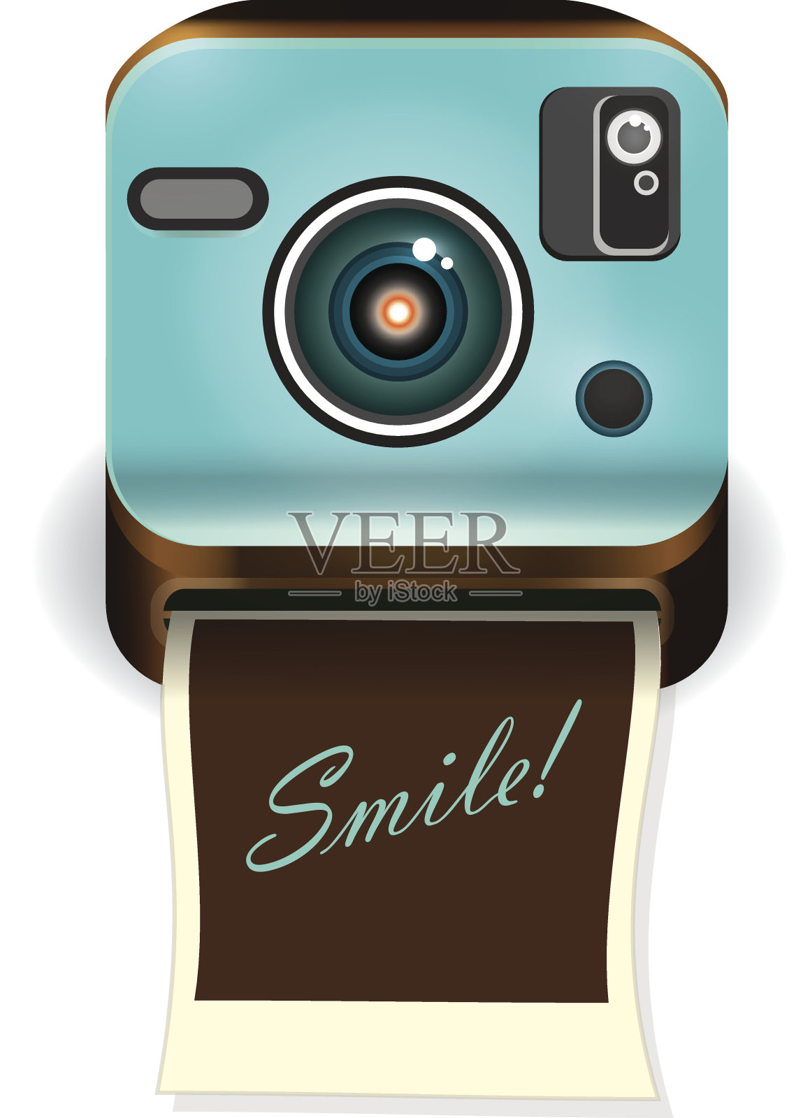 蓝色或青色复古即时相机与相纸插画图片素材