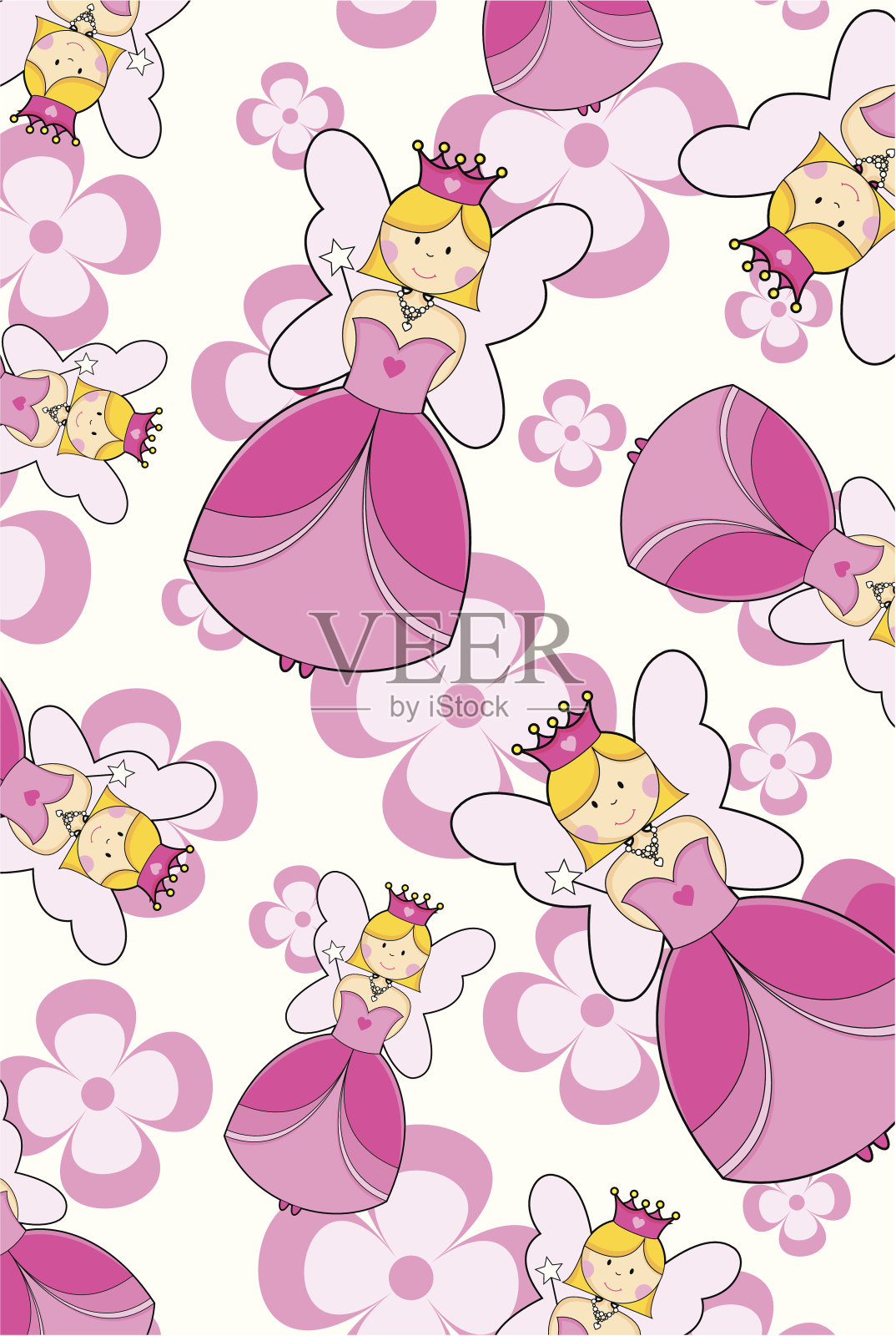 可爱的粉红色仙女公主重复图案的花卉背景插画图片素材