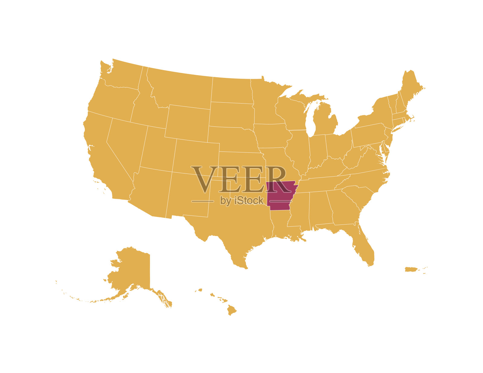 黄色的美国地图，红色的阿肯色州孤立插画图片素材