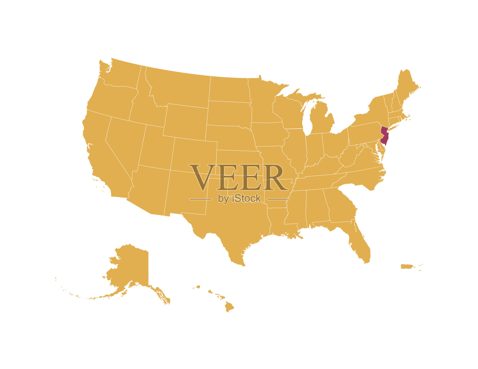 黄色的美国地图，红色的新泽西孤立插画图片素材