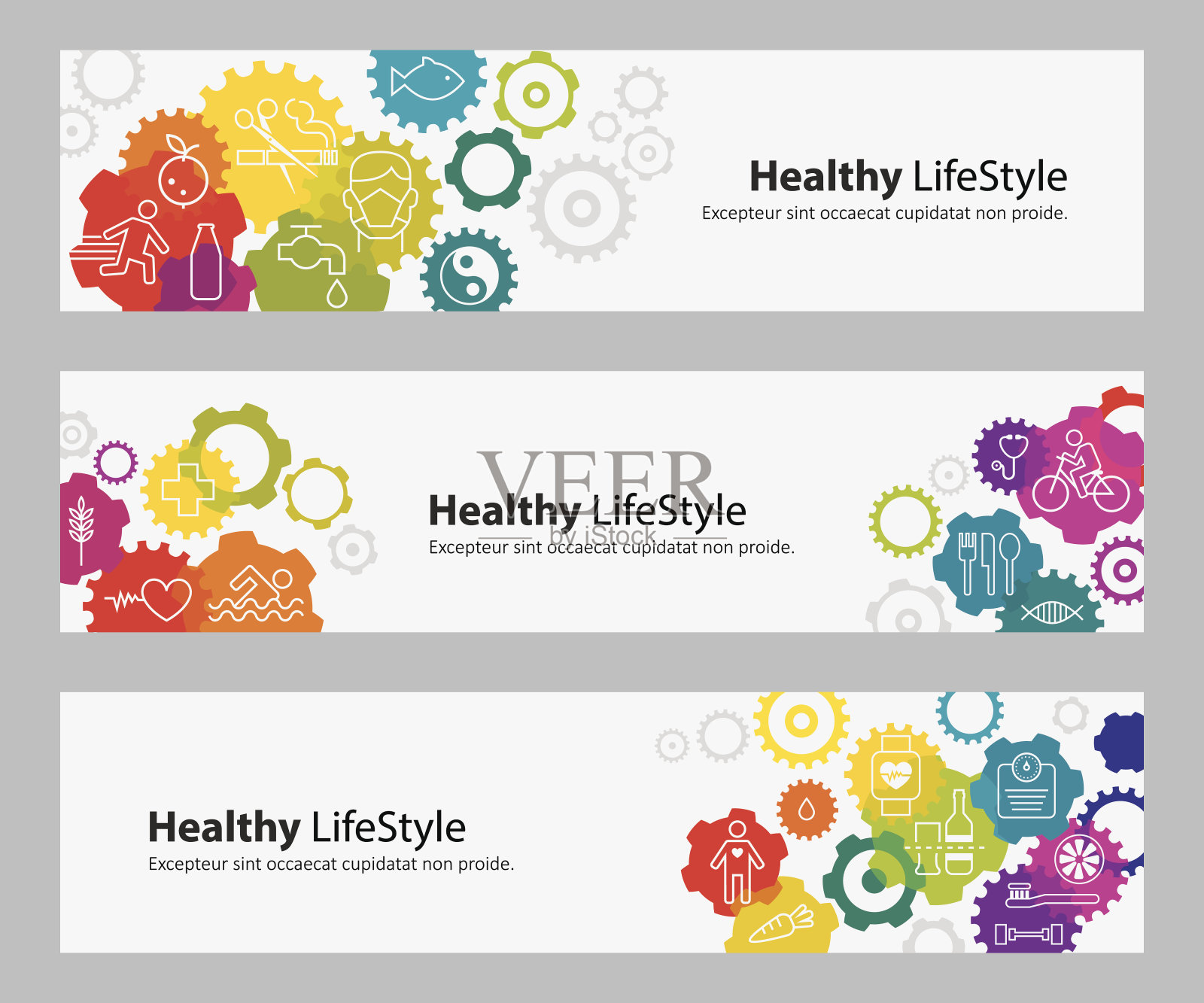 旗帜与充满活力的齿轮和健康的生活方式图标设计模板素材