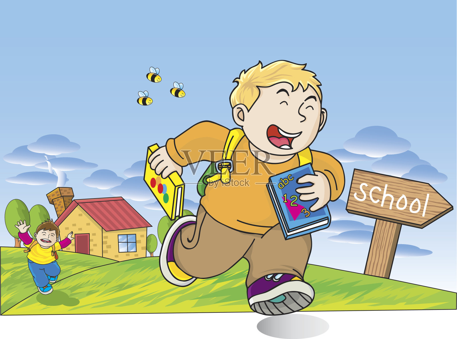 男孩们跑回学校，抄写空间插画图片素材