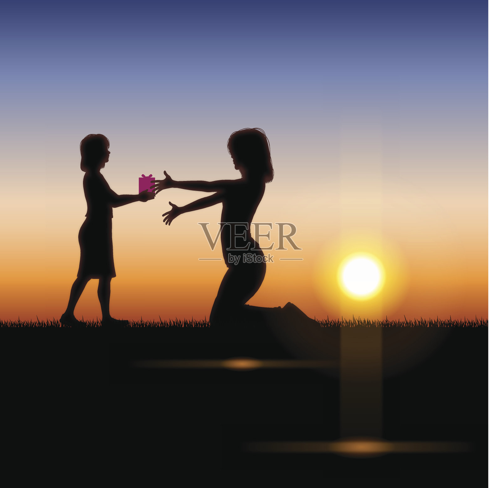 母亲节的背景[夕阳中的母亲和孩子]插画图片素材