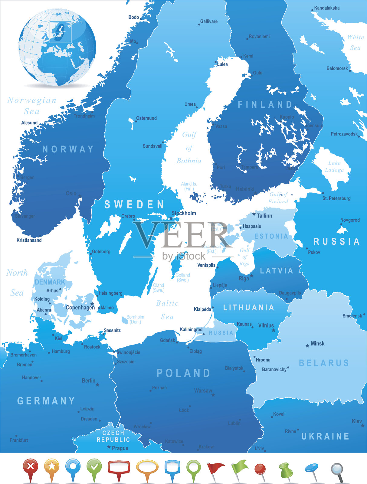 地图波罗的海地区-国家，城市和图标插画图片素材