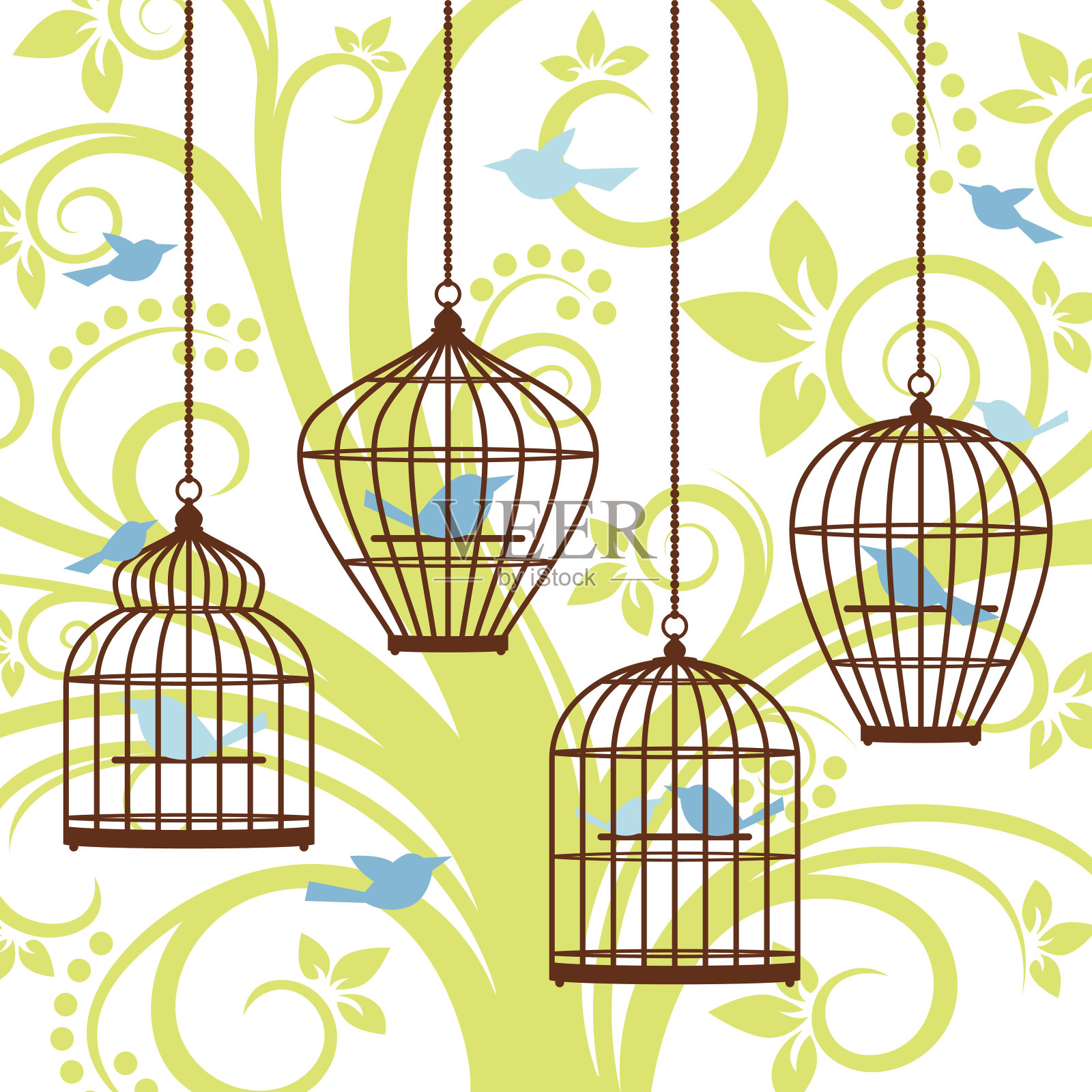 鸟笼墙艺术插画图片素材
