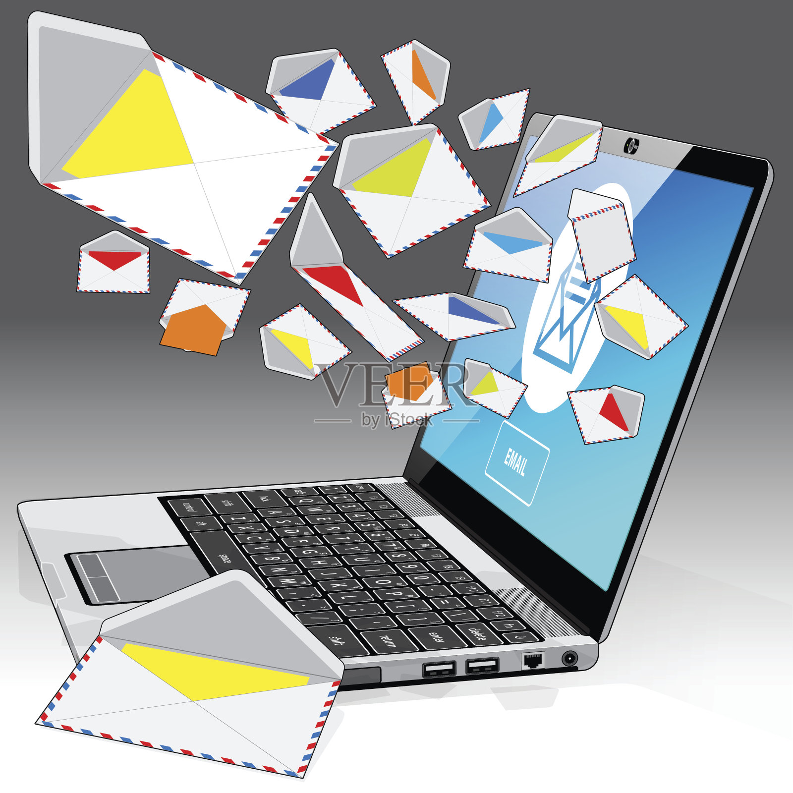 笔记本电脑接收电子邮件-右边的角落视图插画图片素材