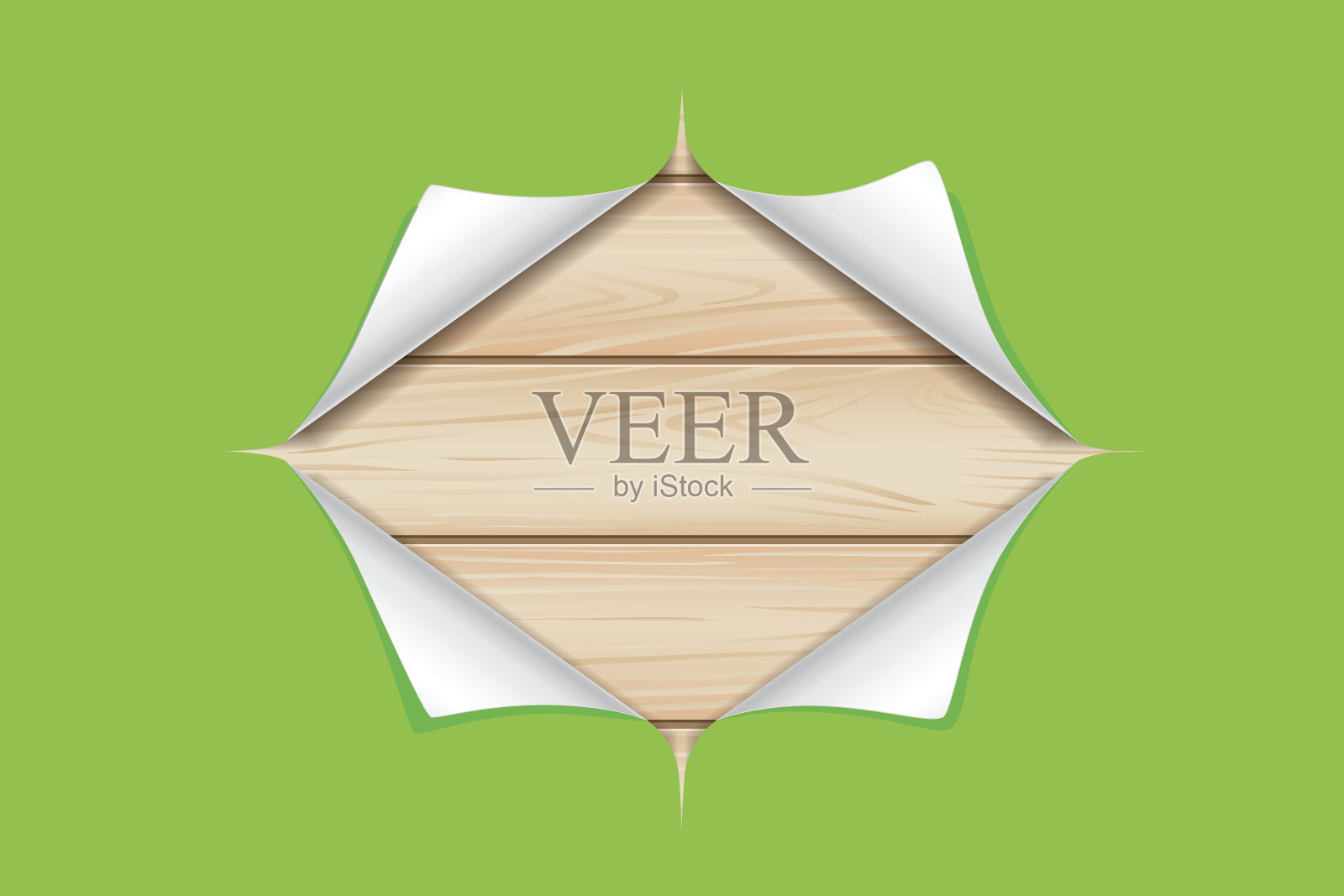 木质背景上的绿色撕纸插画图片素材