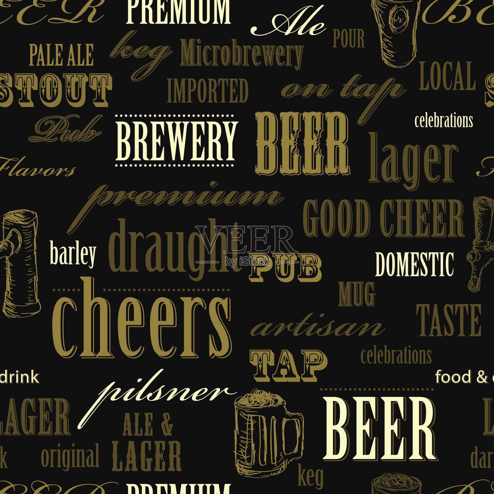 啤酒主题无缝重复单词模式插画图片素材