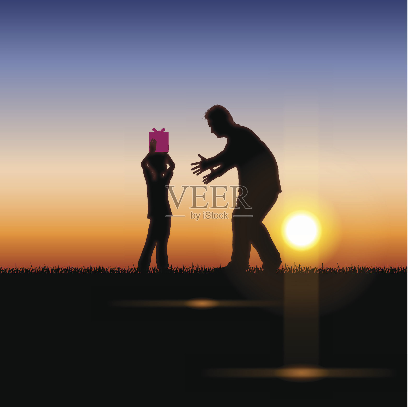 父亲节的背景[夕阳中的父亲和孩子]插画图片素材