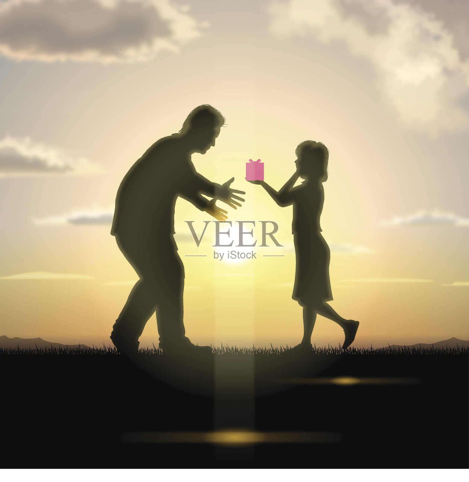 父亲节的背景[夕阳中的父亲和孩子]插画图片素材