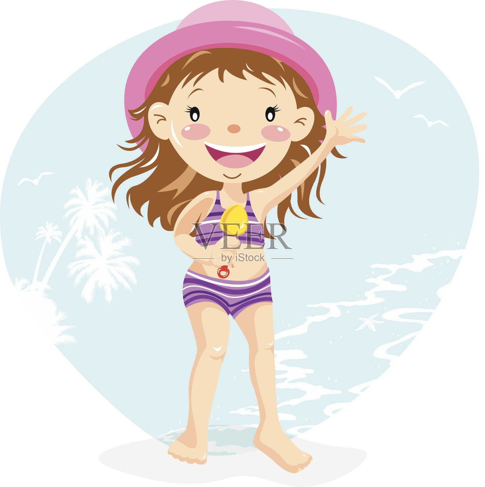 小女孩在海滩上打个招呼插画图片素材