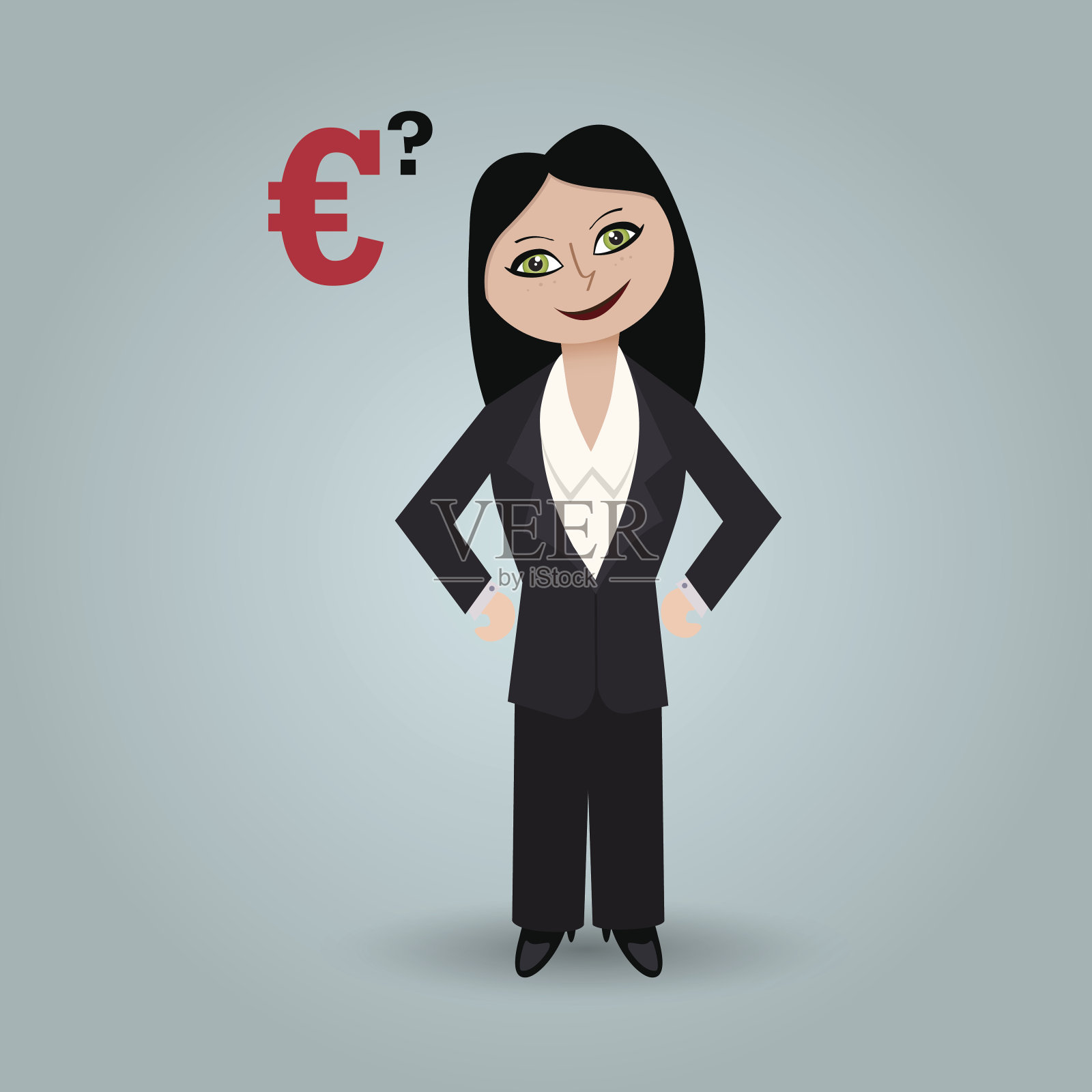 商界女性在绿色背景下思考欧元危机插画图片素材